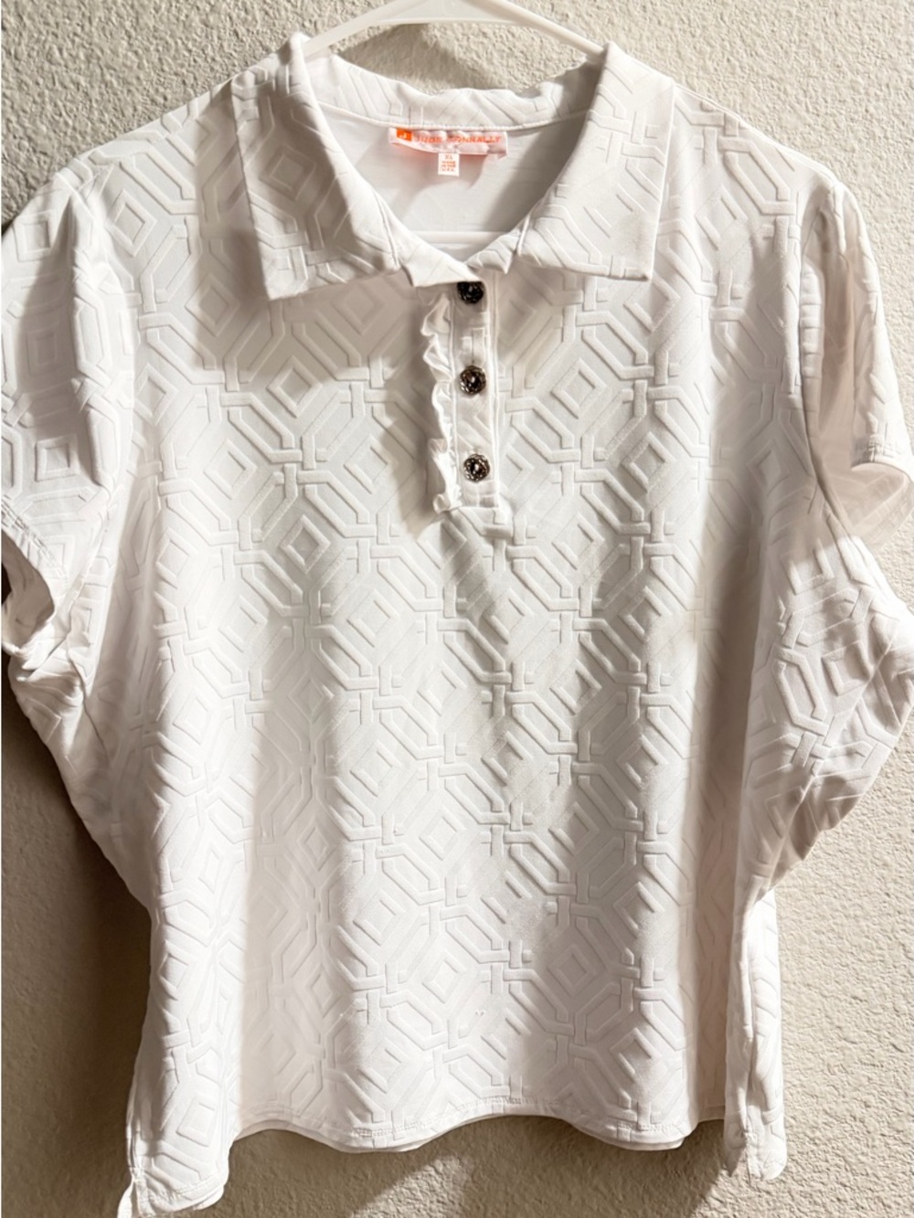 Jude Connally White Textured Ruffle Polo Blouse with Decorative Buttons